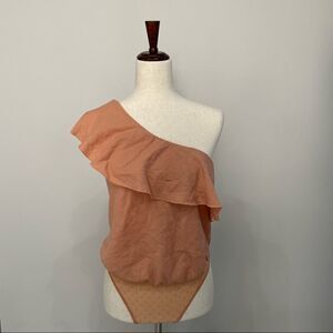 FREE People Womens Bodysuit Orange Mesh Lined Stretch One Shoulder Size Small